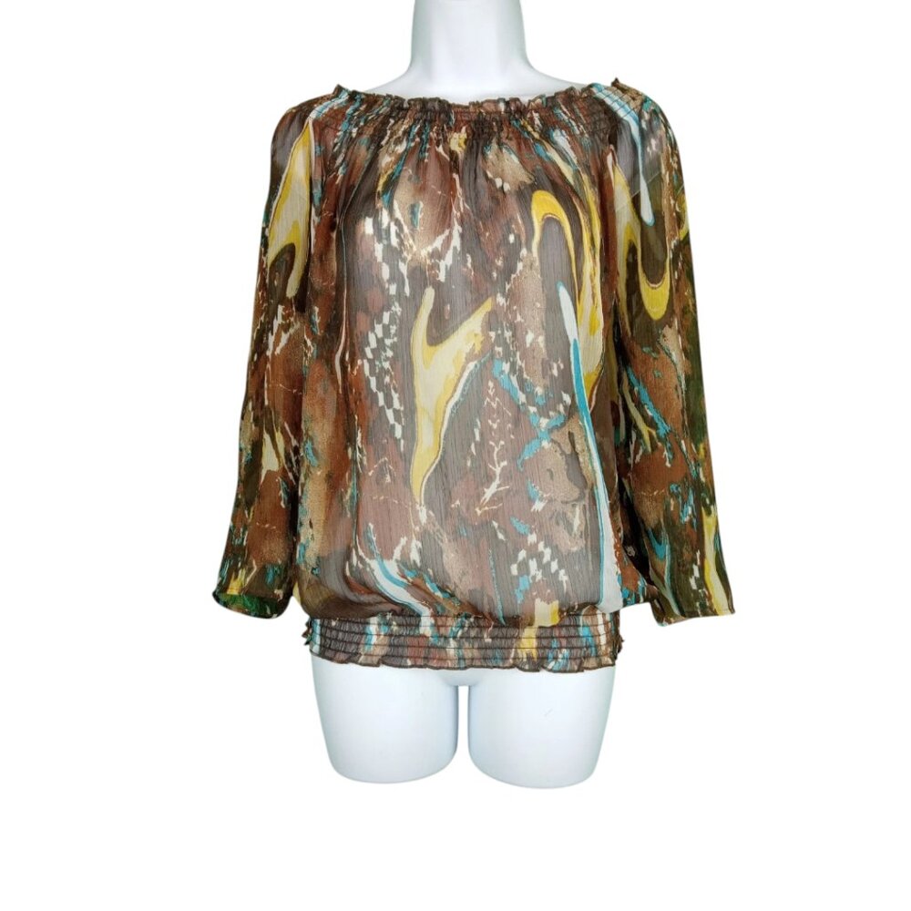Additions by Chicos Sheer Boho Pattern Elastic Hem/Neckline Blouse Size 2 (med)